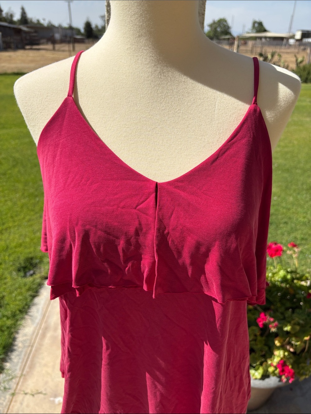 Women’s Raspberry Pink Spaghetti Strap Ruffle Tank Top - Picture 2 of 8